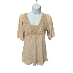 Tan Knit Top XS Short Sleeve Crochet Bodice Babydoll Stretch Women’s